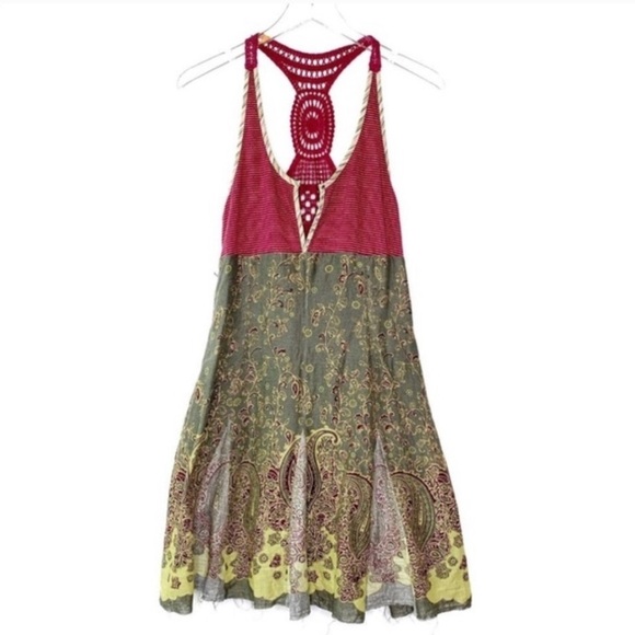 Free People Heartland Linen Skirt Paisley Racerback Raspberry Crochet Dress XS - Picture 1 of 15
